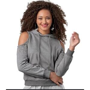 INC International Concepts Women's Cold-Shoulder Fringe Hoodie Gray Size Small